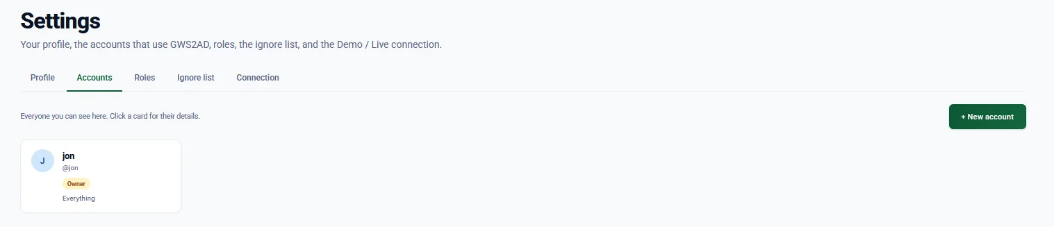 The Accounts tab in Settings, with an account card showing the Owner role and a New account button.