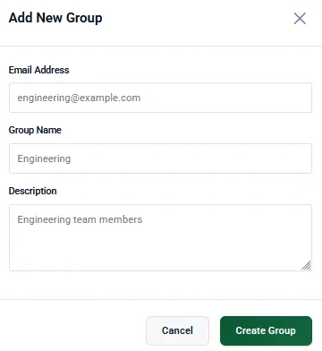 The Add New Group window with fields for email address, group name and description.