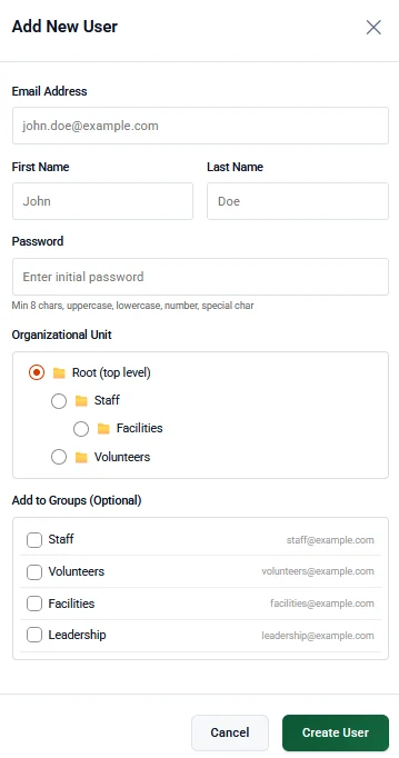 The Add New User window: email, first and last name, password with its rules, an organizational unit tree (Root, Staff, Facilities, Volunteers), and a checklist of groups.