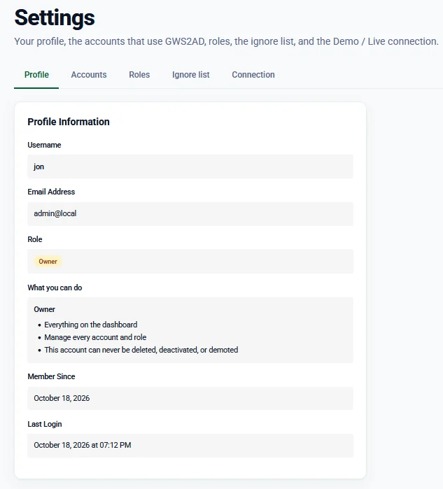The Profile tab in Settings: username, email address, the Owner role, a list of what the account can do, and member-since and last-login dates.